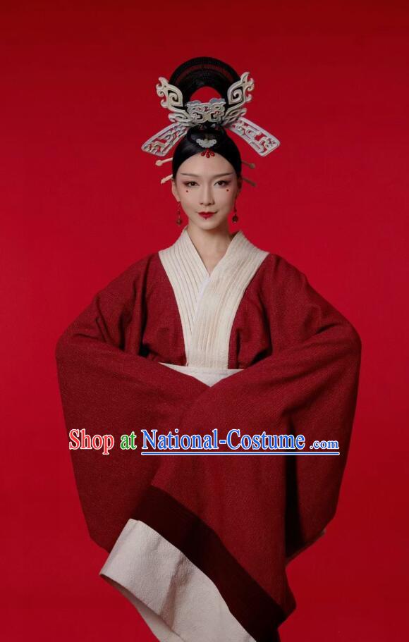 Chinese Classical Dance Red Dress Qin Dynasty Curving Front Robe Ancient Beauty Dance Costumes and Headpieces Complete Set