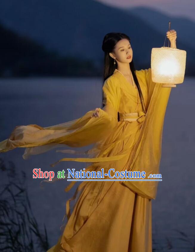 Chinese Ancient Fairy Princess Costumes Swordswoman Yellow Hanfu Dress Jin Dynasty Young Lady Garments