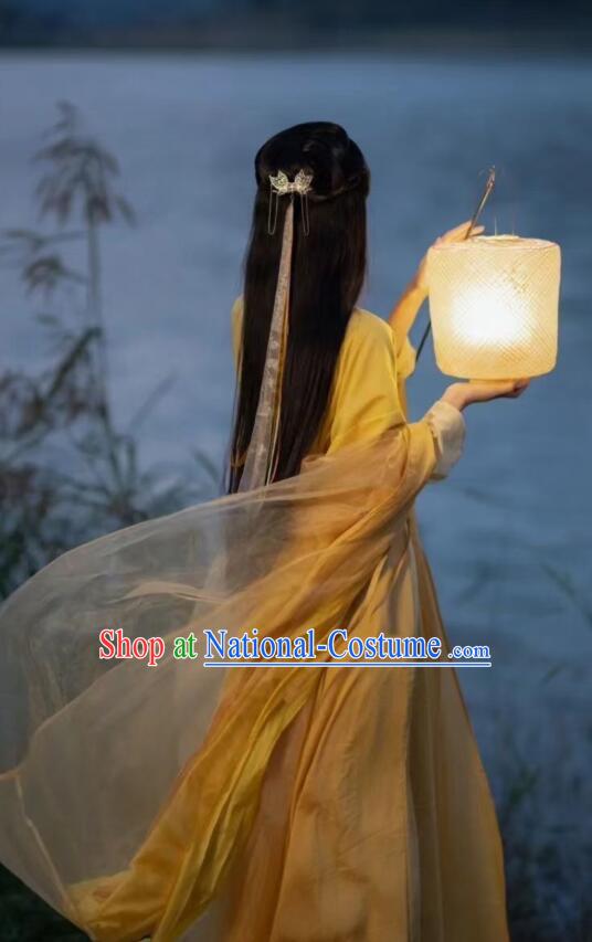 Chinese Ancient Fairy Princess Costumes Swordswoman Yellow Hanfu Dress Jin Dynasty Young Lady Garments