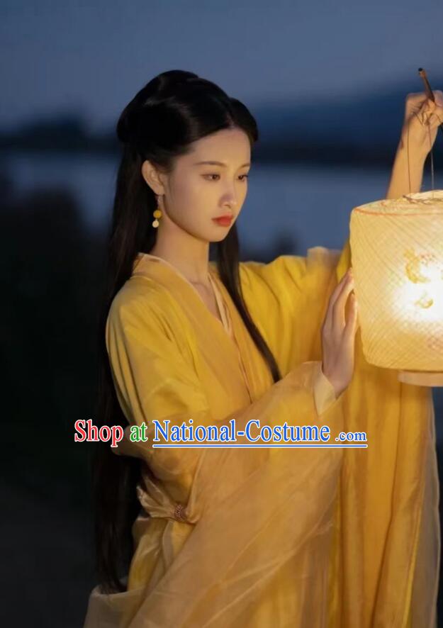 Chinese Ancient Fairy Princess Costumes Swordswoman Yellow Hanfu Dress Jin Dynasty Young Lady Garments