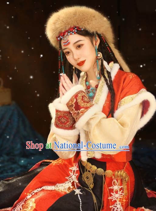 Chinese Traditional Winter Red Dresses Tang Dynasty Young Lady Garment Costumes Ancient Ethnic Princess Clothing