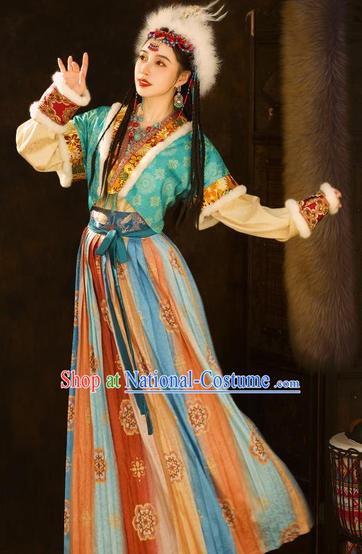 Chinese Ancient Ethnic Princess Clothing Traditional Blue Dresses Tang Dynasty Young Lady Garment Costumes