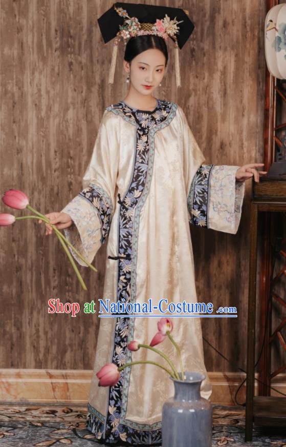 Chinese Qing Dynasty Princess Garment Costumes Ancient Empress Beige Dress Manchu Woman Clothing