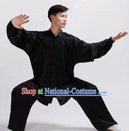 Chinese Black Silk Kung Fu Suit Martial Arts Costumes Tai Chi Uniform For Women For Men