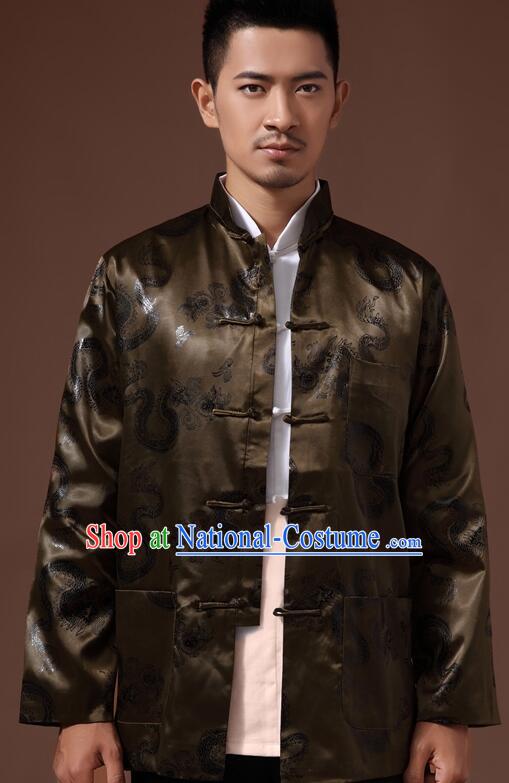 Chinese Handmade Mandarin Blouse Traditional Jacket Atrovirens Brocade Overcoat for Men