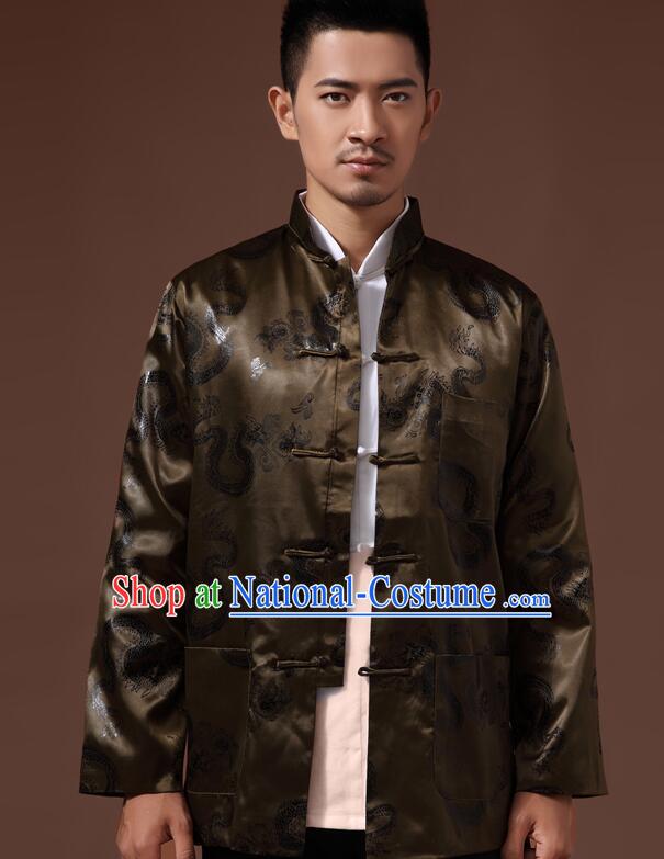 Chinese Handmade Mandarin Blouse Traditional Jacket Atrovirens Brocade Overcoat for Men