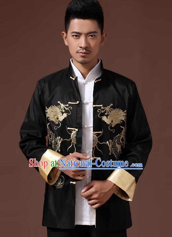 Chinese Embroidered Dragon Overcoat Handmade Mandarin Blouse Traditional Black Jacket for Men