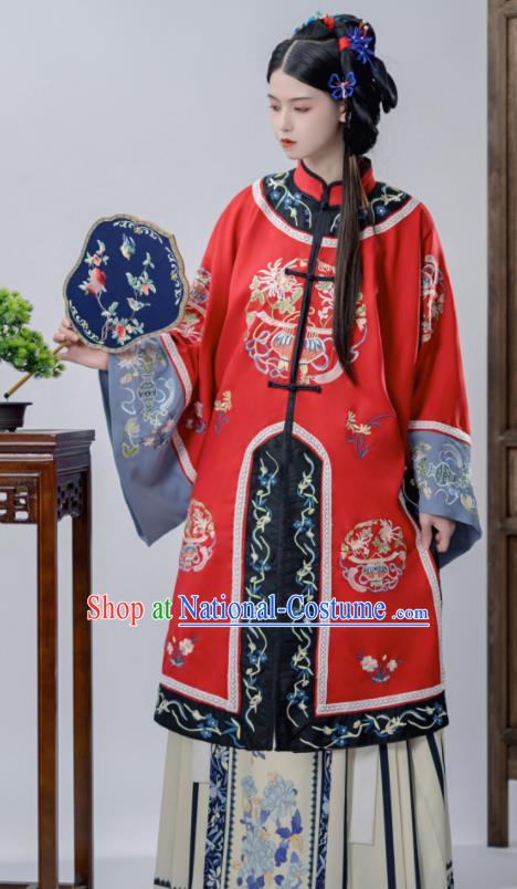 Chinese Ancient Noble Woman Costumes Traditional Clothing Ming Dynasty Young Lady Red Blouse and Beige Skirt Complete Set