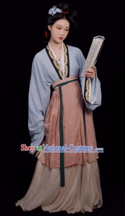 Chinese Traditional Hanfu Clothing Song Dynasty Young Woman Light Blue Dress Ancient Noble Beauty Costumes