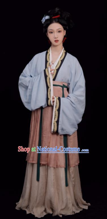 Chinese Traditional Hanfu Clothing Song Dynasty Young Woman Light Blue Dress Ancient Noble Beauty Costumes