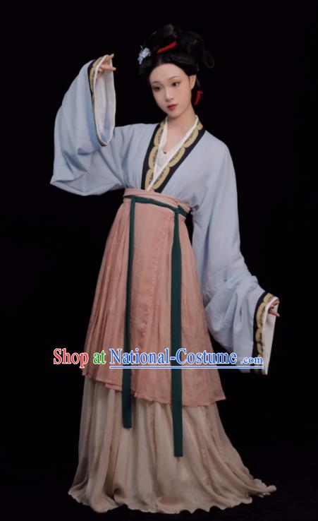 Chinese Traditional Hanfu Clothing Song Dynasty Young Woman Light Blue Dress Ancient Noble Beauty Costumes