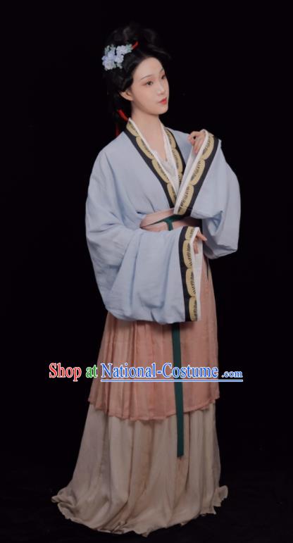 Chinese Traditional Hanfu Clothing Song Dynasty Young Woman Light Blue Dress Ancient Noble Beauty Costumes