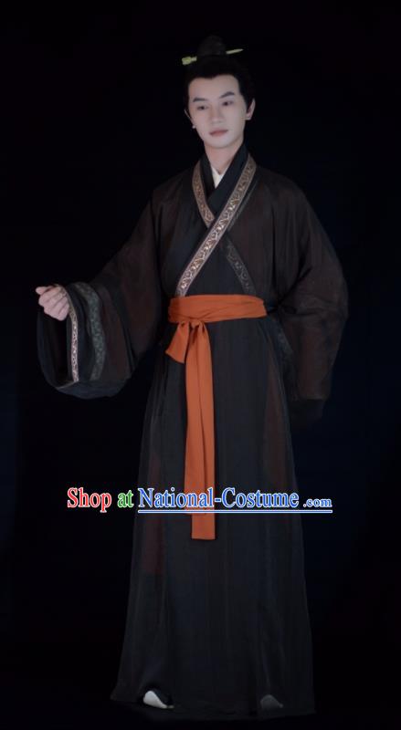 Chinese Ancient Young Man Straight Front Robes Traditional Hanfu Garment Costumes Han Dynasty Scholar Clothing