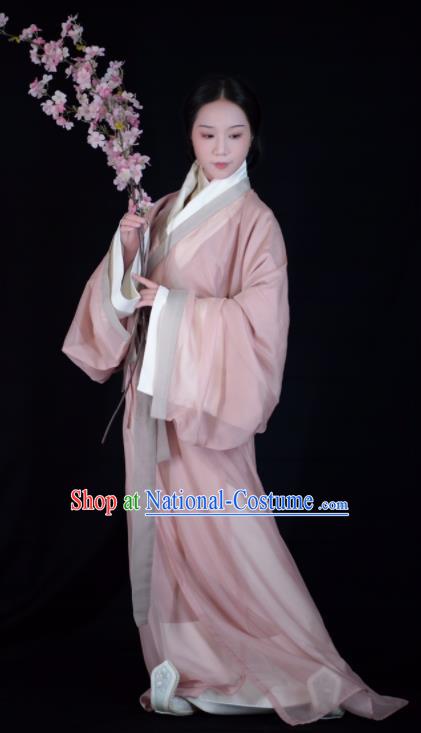 Chinese Han Dynasty Noble Lady Clothing Ancient Princess Pink Curving Front Robes Traditional Hanfu Dress Garment Costumes