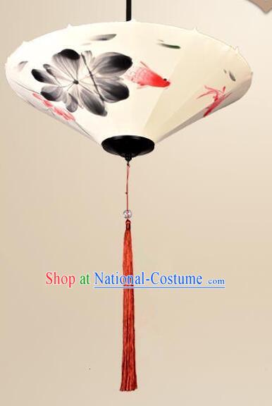 Chinese Palace Lantern Hand Painting Lotus Koi Lantern Traditional Ceiling Lamp