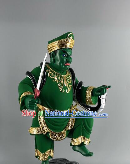 Malaysian God Statue Handmade Wood Carving Na Tuk Kong Green Sculpture