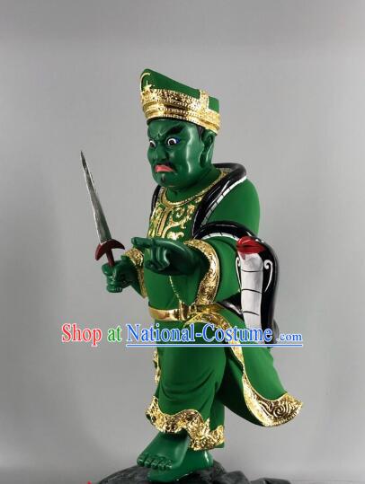 Malaysian God Statue Handmade Wood Carving Na Tuk Kong Green Sculpture