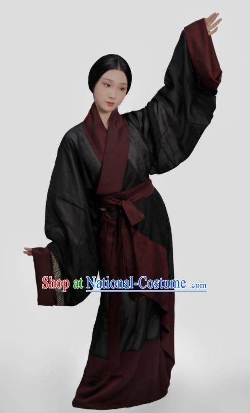 Chinese Han Dynasty Noble Woman Clothing Ancient Court Countess Garments Traditional Black Hanfu Curving Front Robes