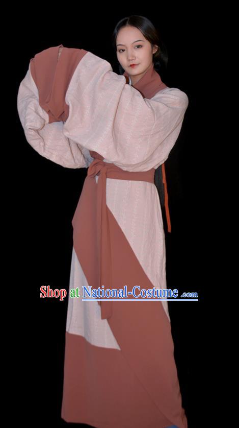 Chinese Han Dynasty Palace Lady Clothing Ancient Royal Princess Garment Costumes Traditional Pink Hanfu Curving Front Robe