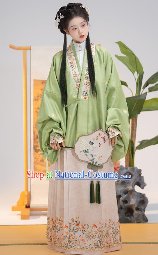 Chinese Ming Dynasty Young Woman Garment Costumes Ancient Princess Green Jacket White Shirt and Beige Skirt Complete Set