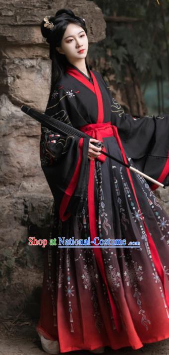 Chinese Traditional Hanfu Garments Jin Dynasty Swordswoman Costumes Ancient Young Lady Black Dresses