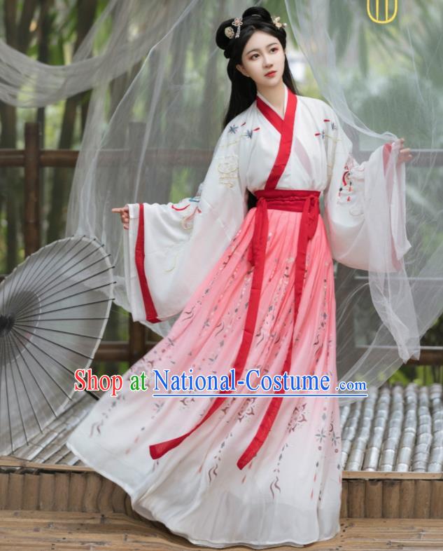 Chinese Ancient Swordswoman Pink Dresses Traditional Hanfu Costumes Jin Dynasty Young Woman Clothing