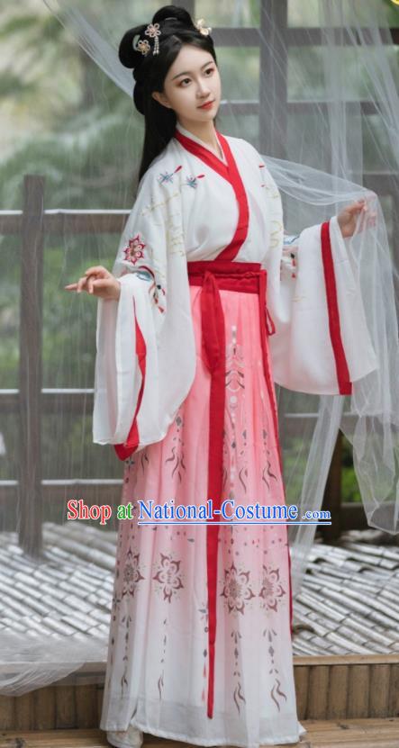 Chinese Ancient Swordswoman Pink Dresses Traditional Hanfu Costumes Jin Dynasty Young Woman Clothing