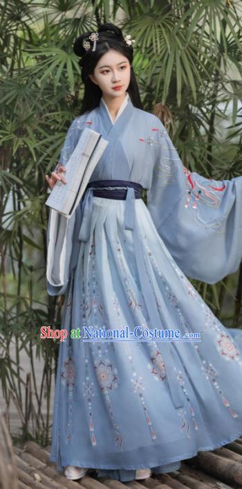 Chinese Jin Dynasty Young Woman Clothing Ancient Swordswoman Blue Dresses Traditional Noble Lady Hanfu Costumes