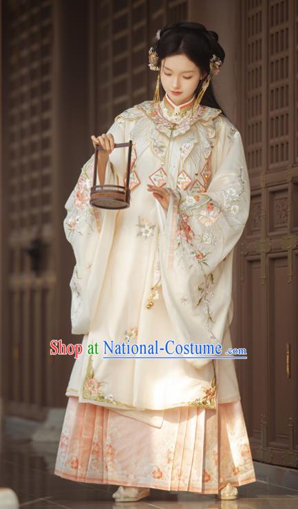 Chinese Traditional Noble Lady Hanfu Costumes Ming Dynasty Young Woman Clothing Ancient Princess Beige Long Gown and Pink Skirt Complete Set