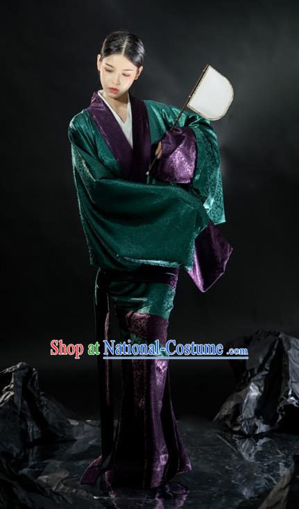 Chinese Ancient Court Woman Green Dress Hanfu Curving Front Robe Qu Ju Han Dynasty Historical Costume