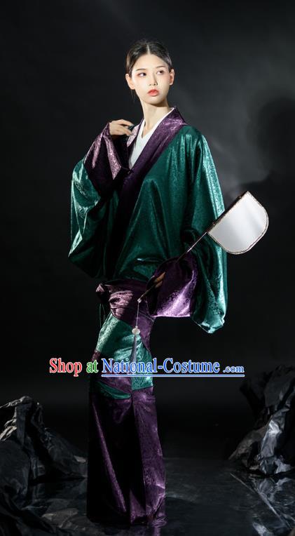 Chinese Ancient Court Woman Green Dress Hanfu Curving Front Robe Qu Ju Han Dynasty Historical Costume