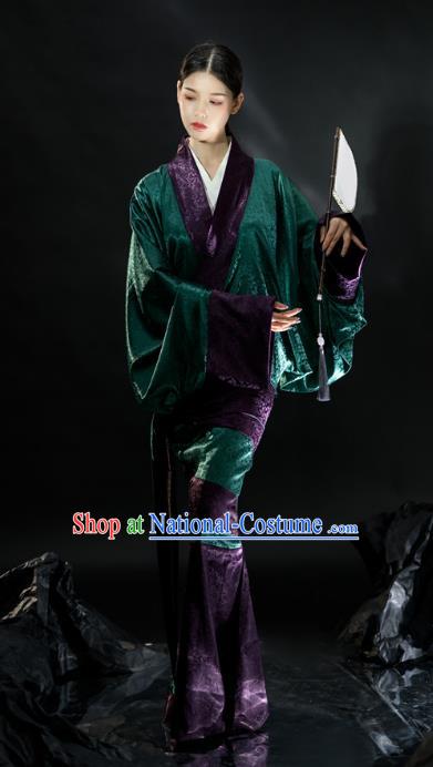 Chinese Ancient Court Woman Green Dress Hanfu Curving Front Robe Qu Ju Han Dynasty Historical Costume