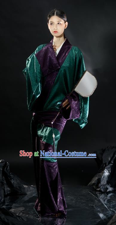 Chinese Ancient Court Woman Green Dress Hanfu Curving Front Robe Qu Ju Han Dynasty Historical Costume