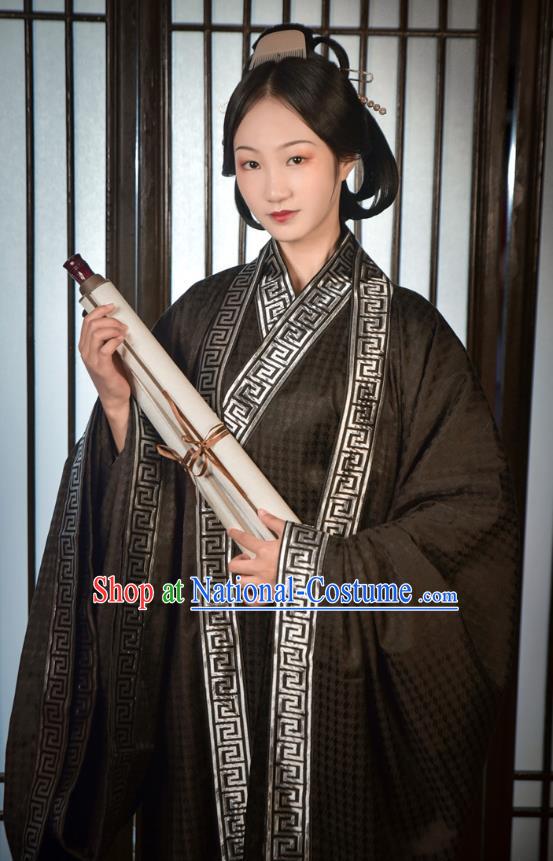 Chinese Ancient Court Woman Black Dresses Hanfu Straight Front Robe Zhi Ju Han Dynasty Elder Princess Zhan Yang Historical Costumes