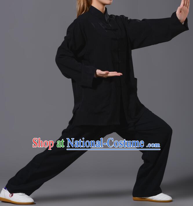 Chinese Summer Tencel Kung Fu Black Uniform Tai Chi Training Outfit Complete Set for Women for Men