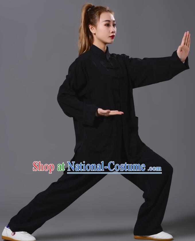 Chinese Summer Tencel Kung Fu Black Uniform Tai Chi Training Outfit Complete Set for Women for Men