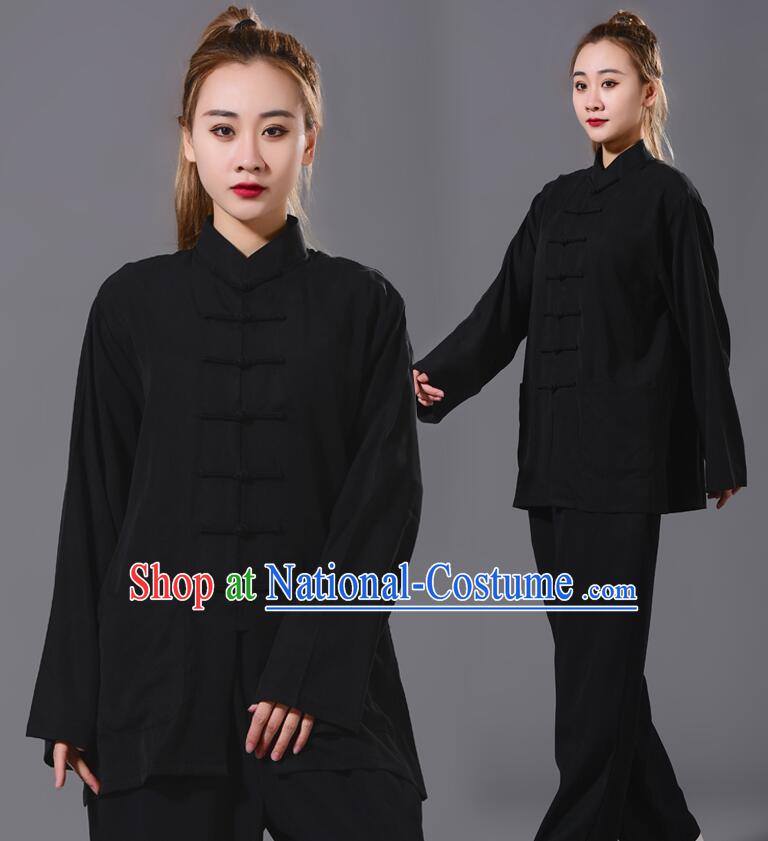 Chinese Summer Tencel Kung Fu Black Uniform Tai Chi Training Outfit Complete Set for Women for Men