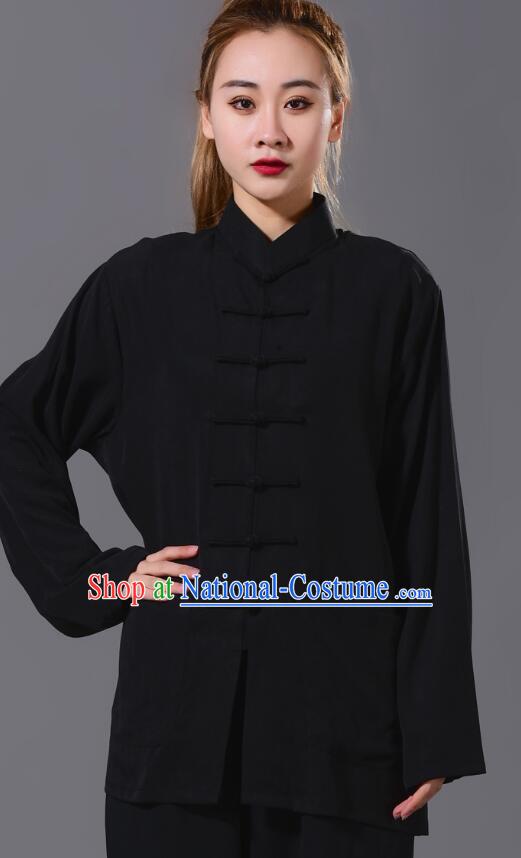 Chinese Summer Tencel Kung Fu Black Uniform Tai Chi Training Outfit Complete Set for Women for Men