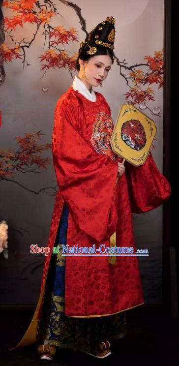 Chinese Ming Dynasty Wedding Dresses Ancient Bride Clothing Embroidered Red Gown and Ma Mian Skirt Complete Set