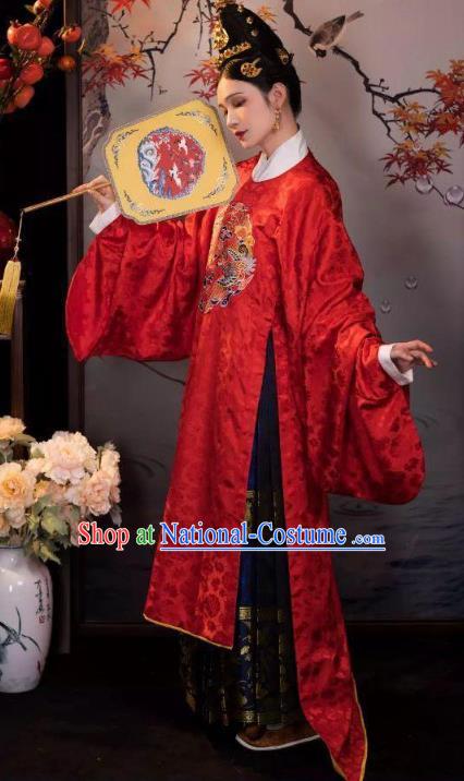 Chinese Ming Dynasty Wedding Dresses Ancient Bride Clothing Embroidered Red Gown and Ma Mian Skirt Complete Set