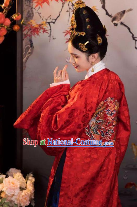 Chinese Ming Dynasty Wedding Dresses Ancient Bride Clothing Embroidered Red Gown and Ma Mian Skirt Complete Set