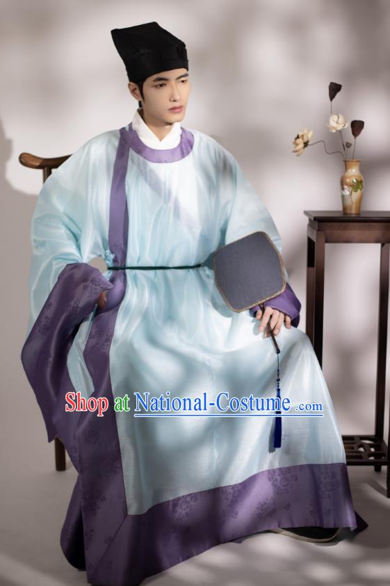 Chinese Ancient Scholar Clothing Traditional Round Collar Blue Gown Ming Dynasty Successful Candidate Garment Costume