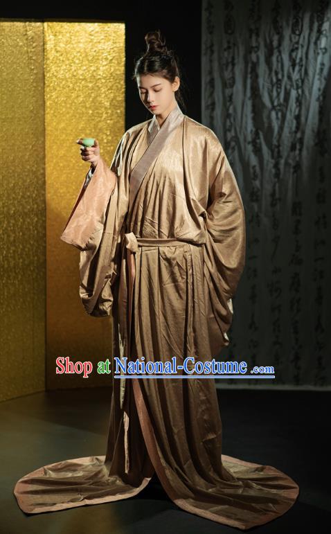 Chinese Qin Dynasty Prince Brown Straight Front Robe Ancient Swordsman Clothing Traditional Han Fu