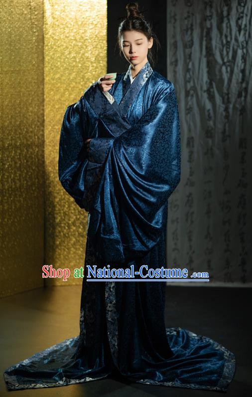 Chinese Traditional Han Fu Qin Dynasty Prince Blue Straight Front Robe Ancient Swordsman Clothing