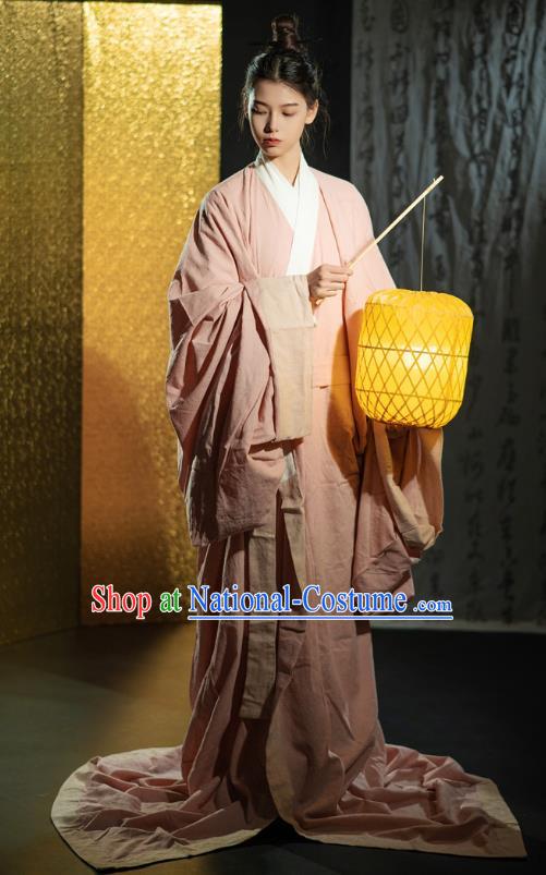 Chinese Ancient Swordsman Clothing Traditional Han Fu Qin Dynasty Prince Pink Straight Front Robe