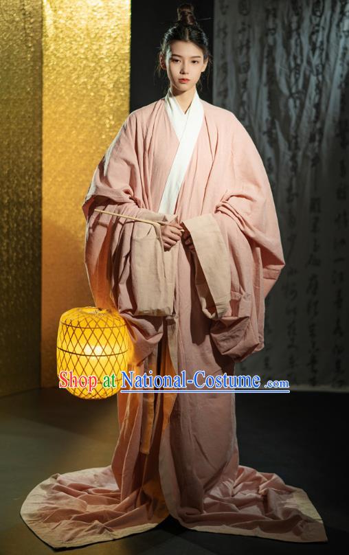 Chinese Ancient Swordsman Clothing Traditional Han Fu Qin Dynasty Prince Pink Straight Front Robe