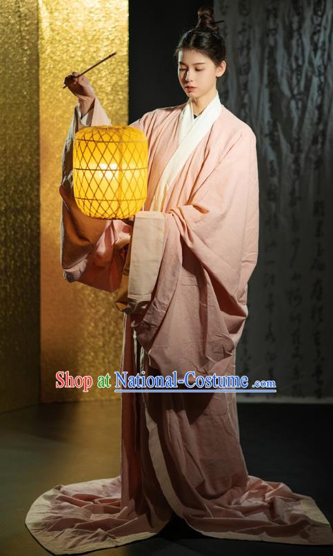 Chinese Ancient Swordsman Clothing Traditional Han Fu Qin Dynasty Prince Pink Straight Front Robe