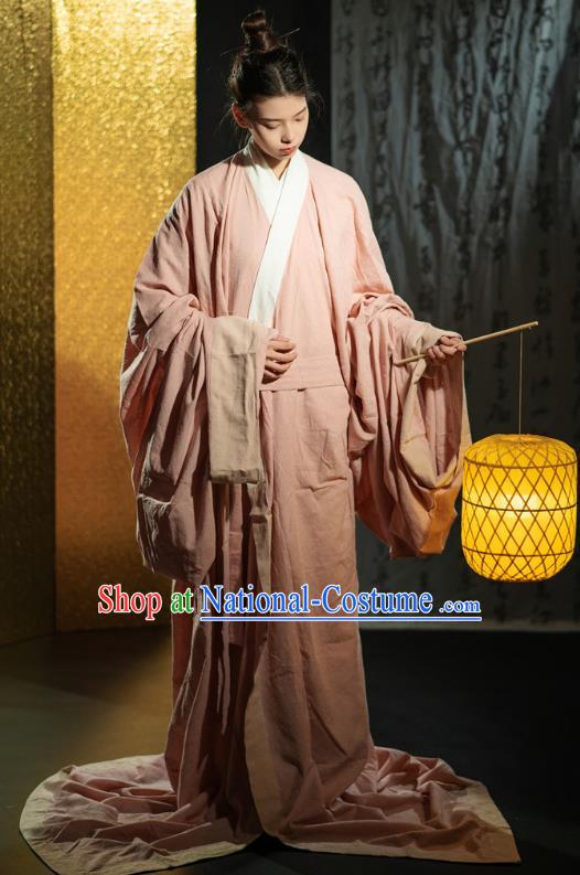 Chinese Ancient Swordsman Clothing Traditional Han Fu Qin Dynasty Prince Pink Straight Front Robe