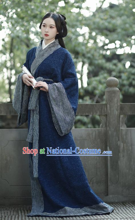 Chinese Qin Dynasty Princess Straight Front Robe Ancient Palace Lady Clothing Traditional Han Fu Deep Blue Dress