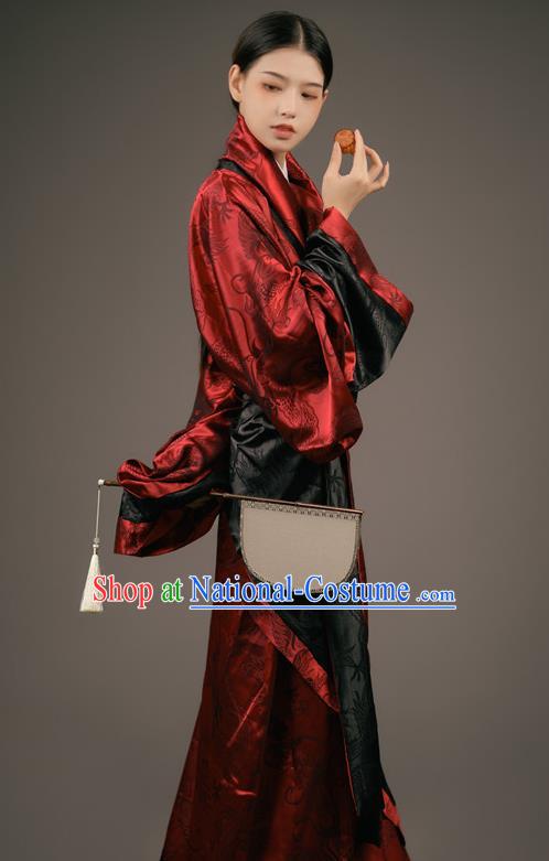 Chinese Han Dynasty Court Woman Costume Ancient Palace Maid Clothing Traditional Han Fu Dark Red Curving Front Robe